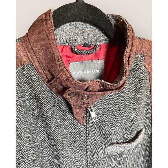 Slate & Stone Poly Wool Blend Jacket Gray Herringbone W/Brown Accents Mens Small - Picture 6 of 16